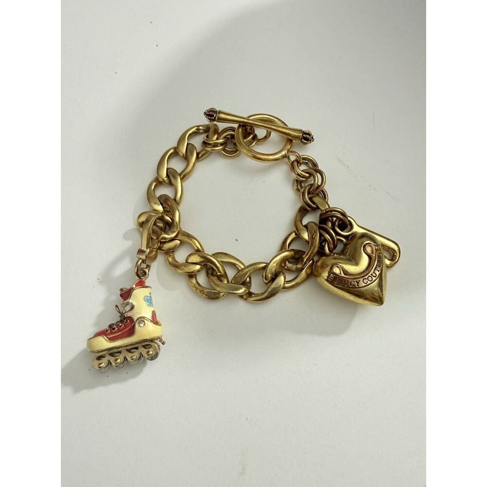 Juicy Couture Y2K Gold Tone Charm Bracelet Roller Skate Heart Chunky Vintage